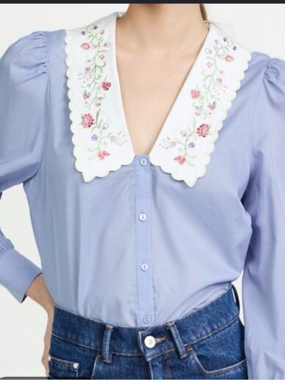 RIXO Light Blue Button-Front Blouse with Embroidered White Collar